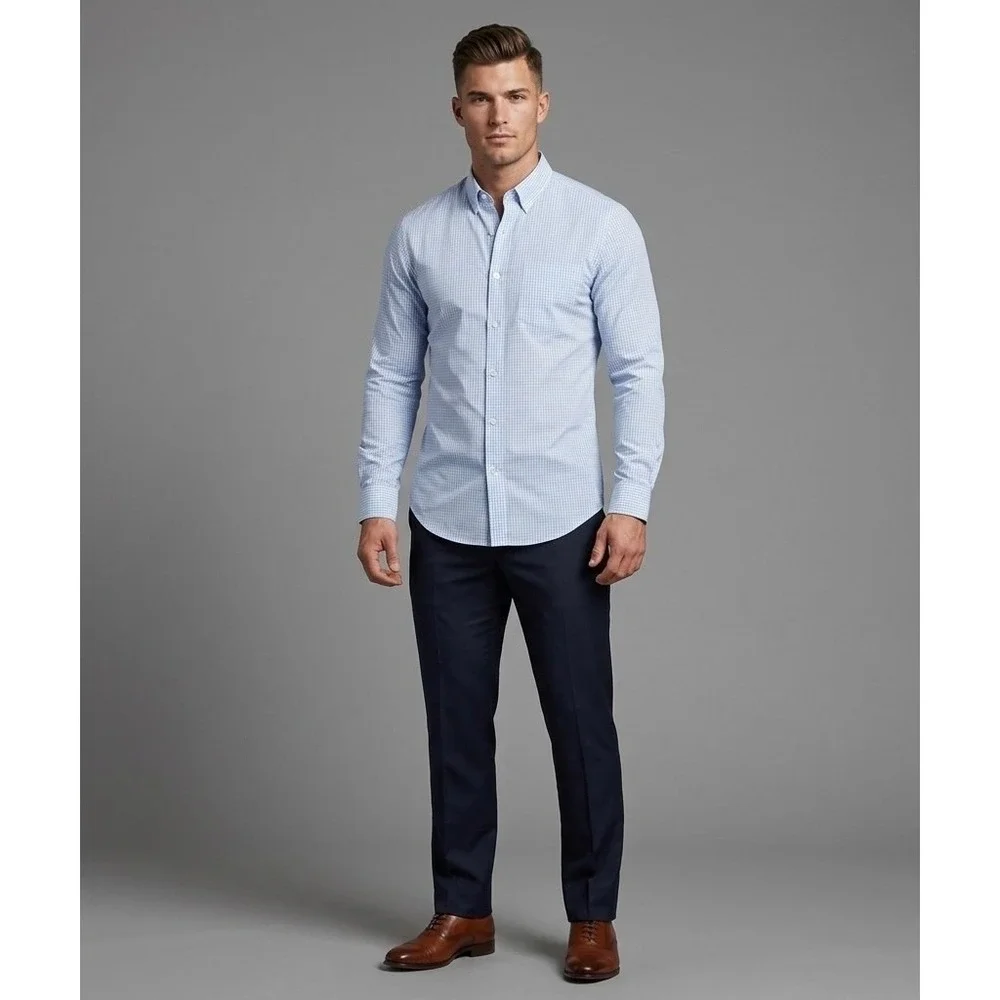 Banana Republic Mens Slim Fit Non-Iron‎ Dress Shirt Blue Gingham Check M 15-15.5